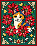 Festive Calico Cat Poinsettia Bells Border Rug