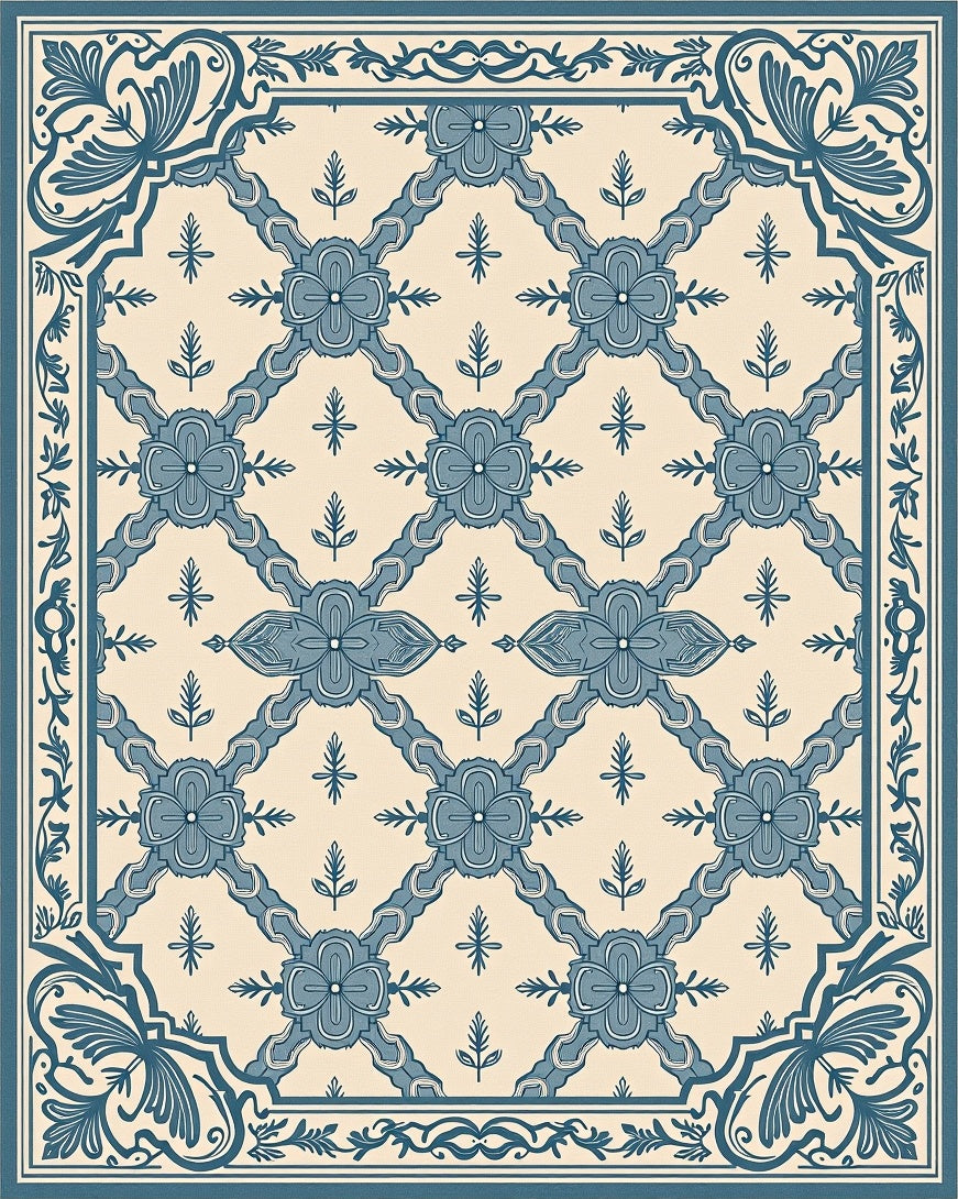 Classic Blue Floral Lattice Border Rug