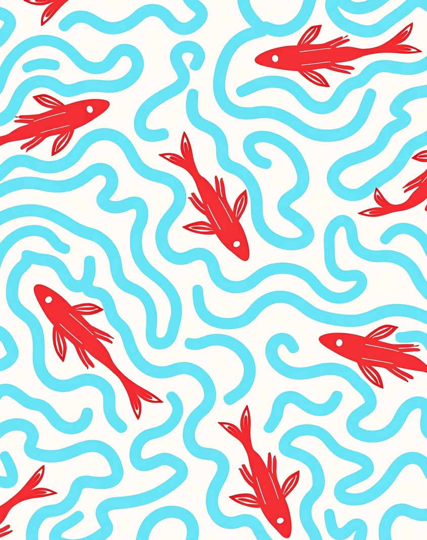 Red Fish Blue Wavy Lines Rug