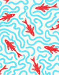 Red Fish Blue Wavy Lines Rug