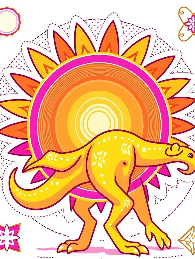 Whimsical Yellow Dinosaur Sunburst Rug