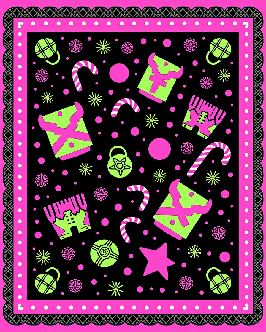 Neon Christmas Objects Black Pink Border Rug