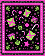 Neon Christmas Objects Black Pink Border Rug