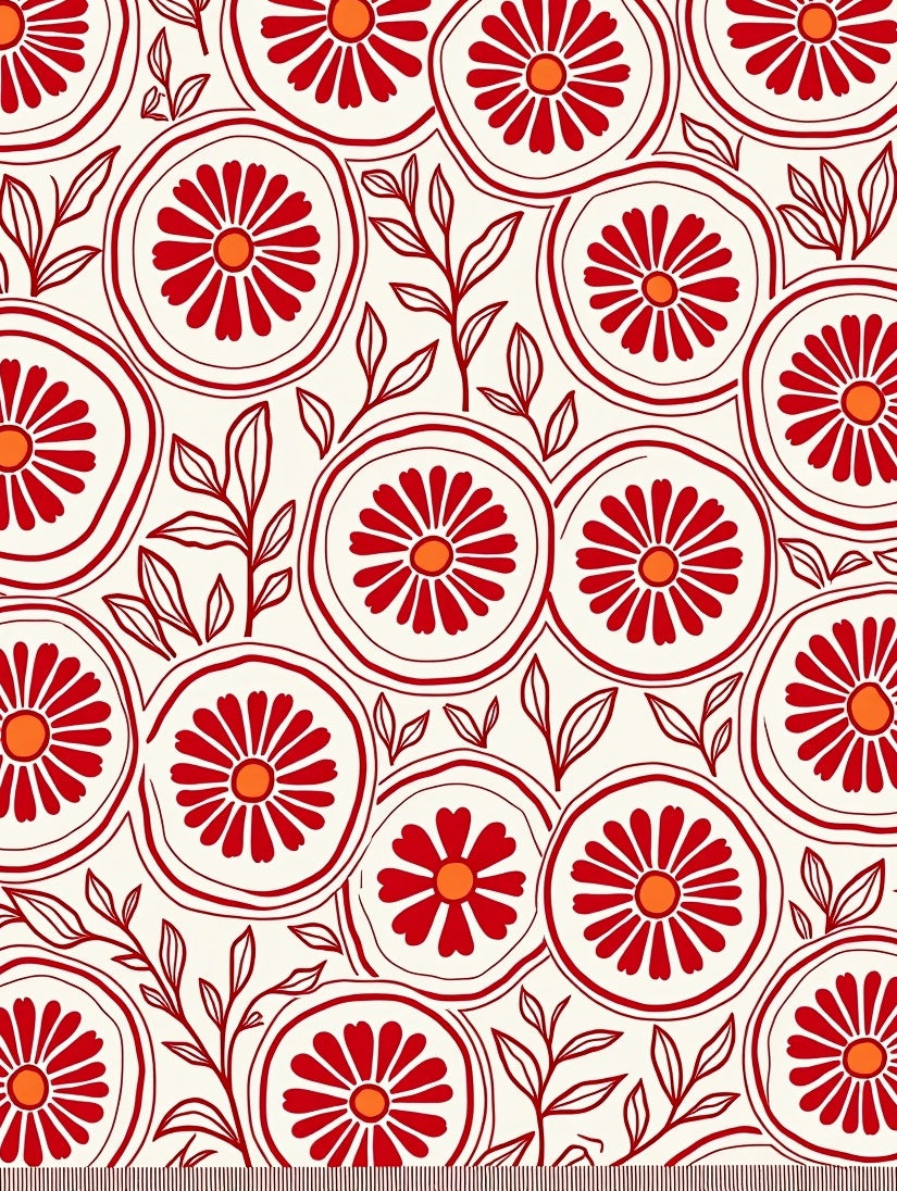 Crimson Floral Circles and Leaves Rug
