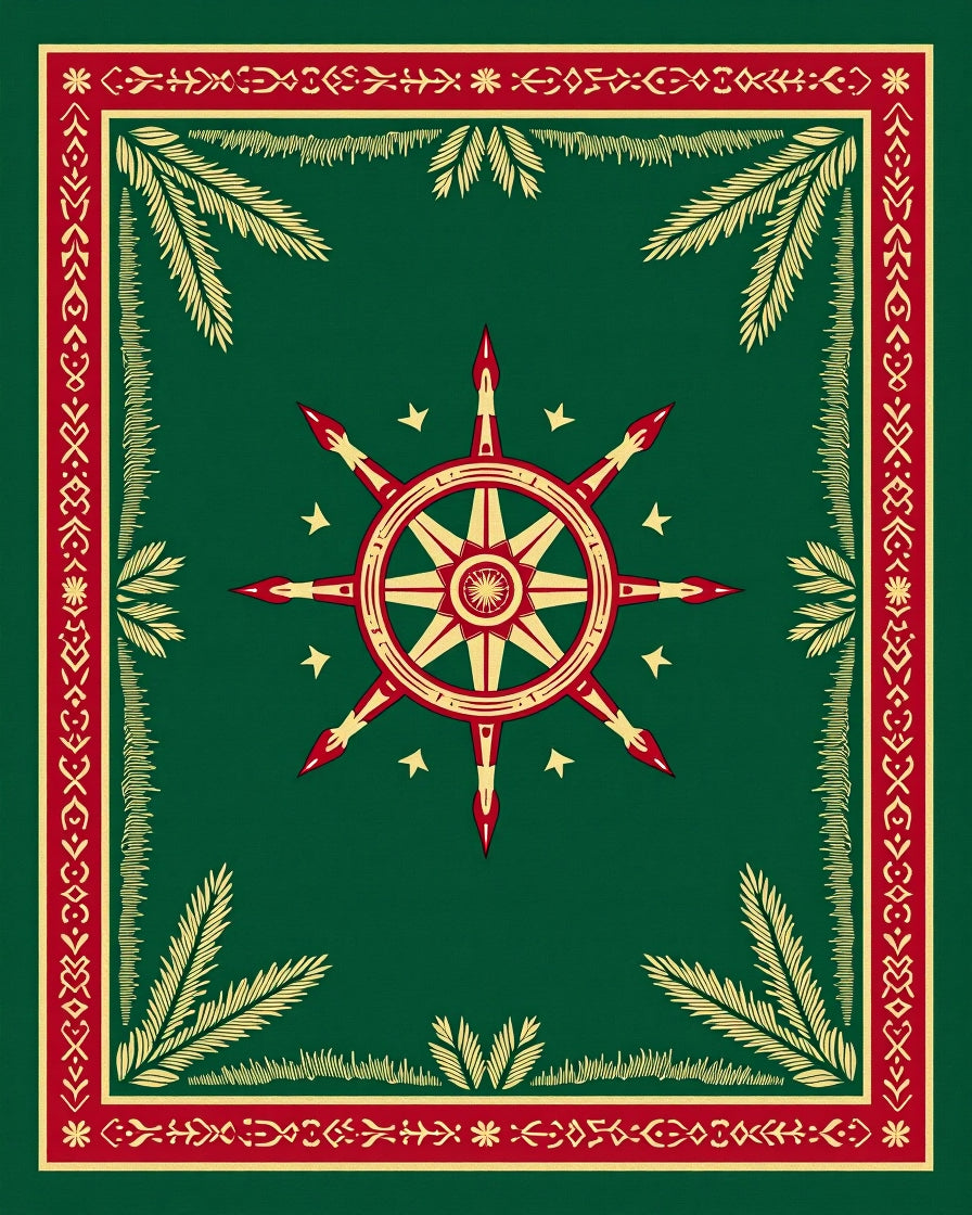 Red Gold Green Compass Star Rug