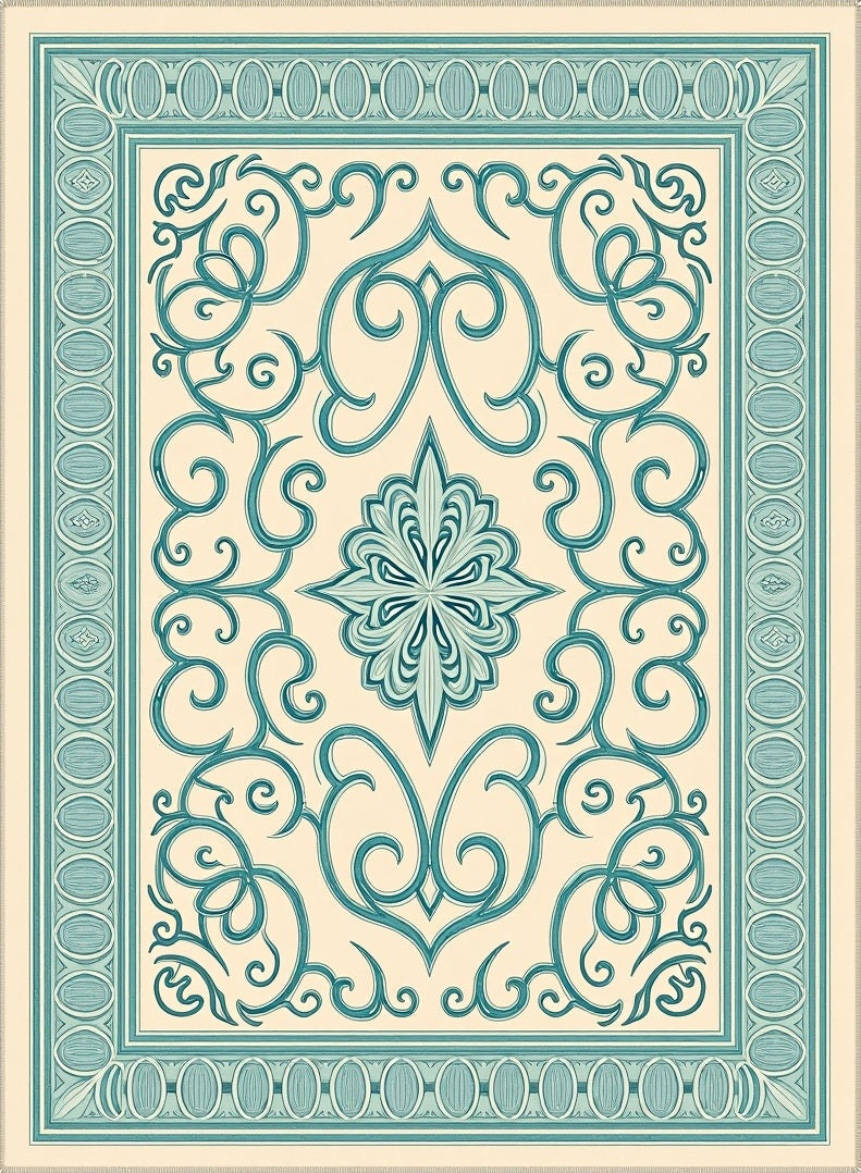 Teal Scrolling Vine Medallion Cream Rug