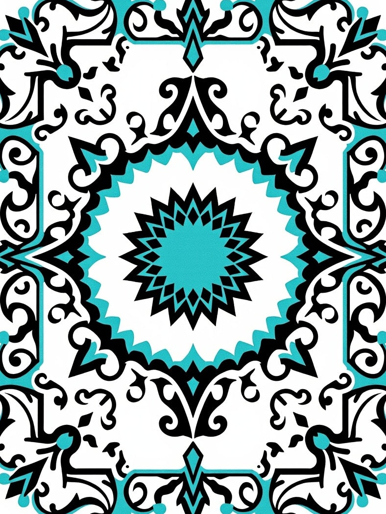 Turquoise Black White Scroll Medallion Rug