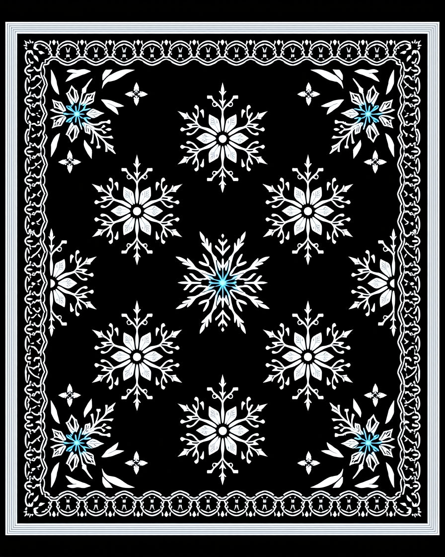 Black White Snowflake Ornate Border Rug