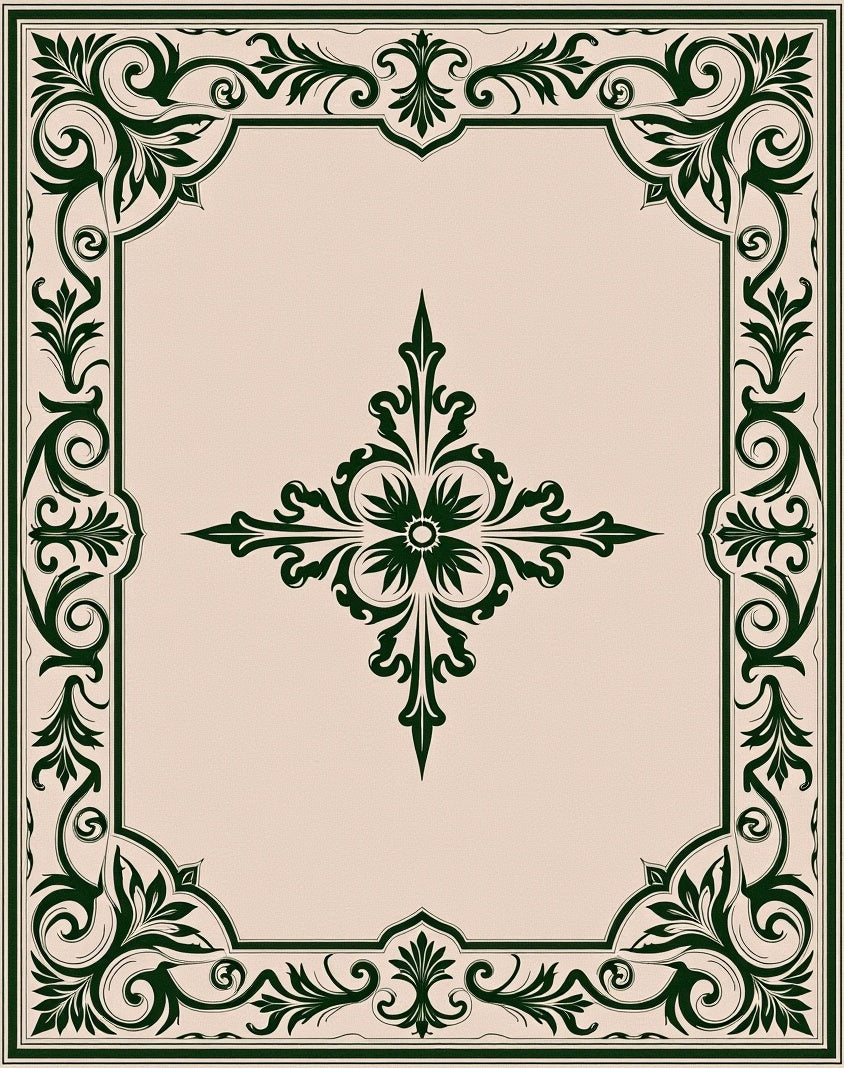 Dark Green Vintage Floral Border Rug
