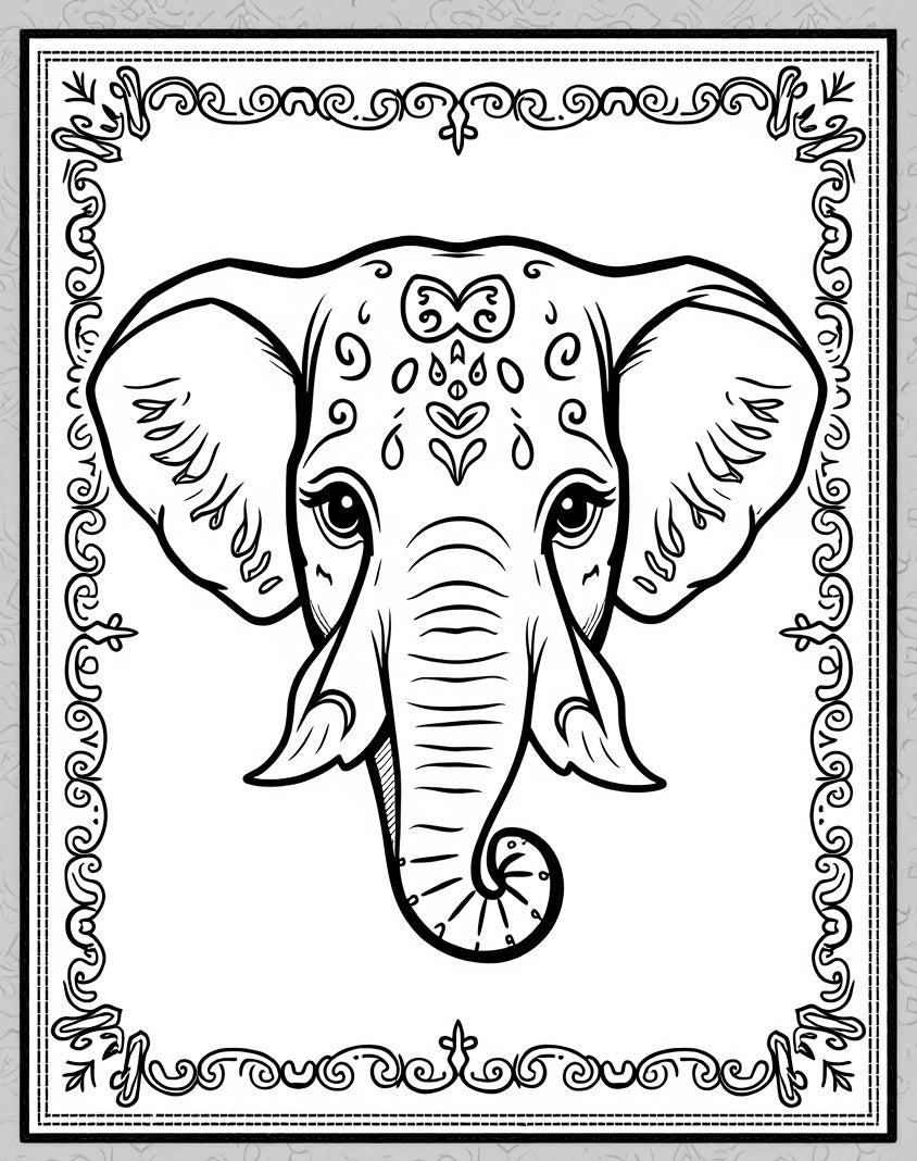 Ornate Elephant Face Black White Rug