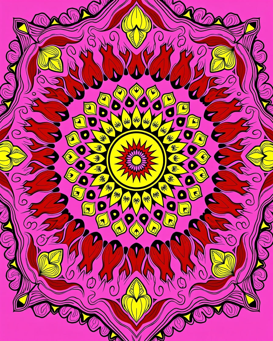 Vibrant Pink Yellow Red Floral Mandala Rug