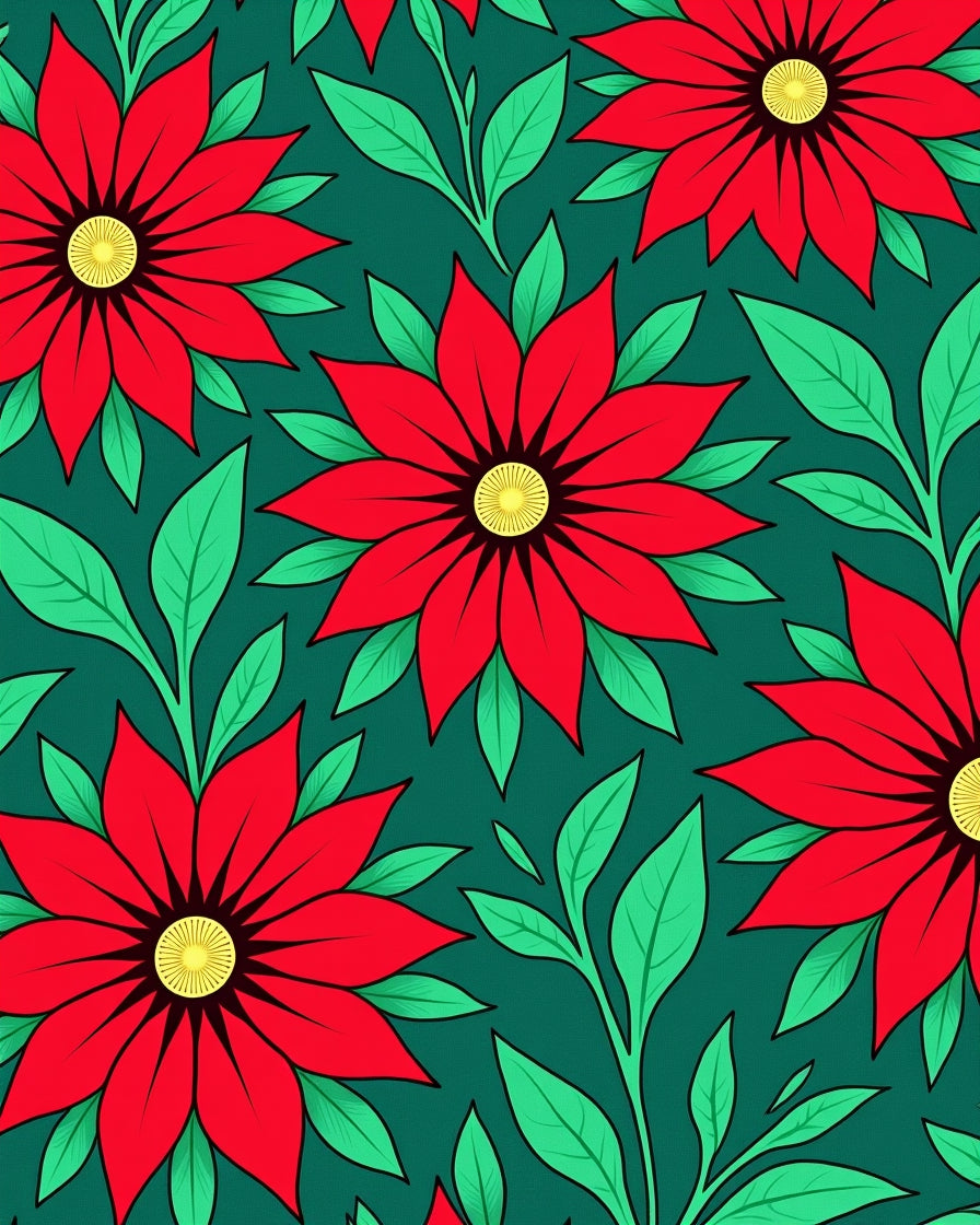 Bold Red Floral With Green Leaves Rug