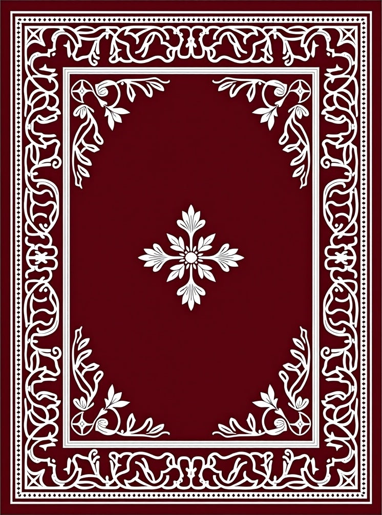 Deep Red White Floral Border Rug
