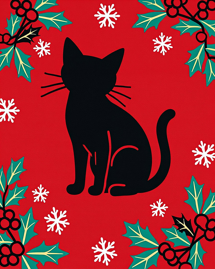 Black Cat Holly Snowflake Red Ground Rug