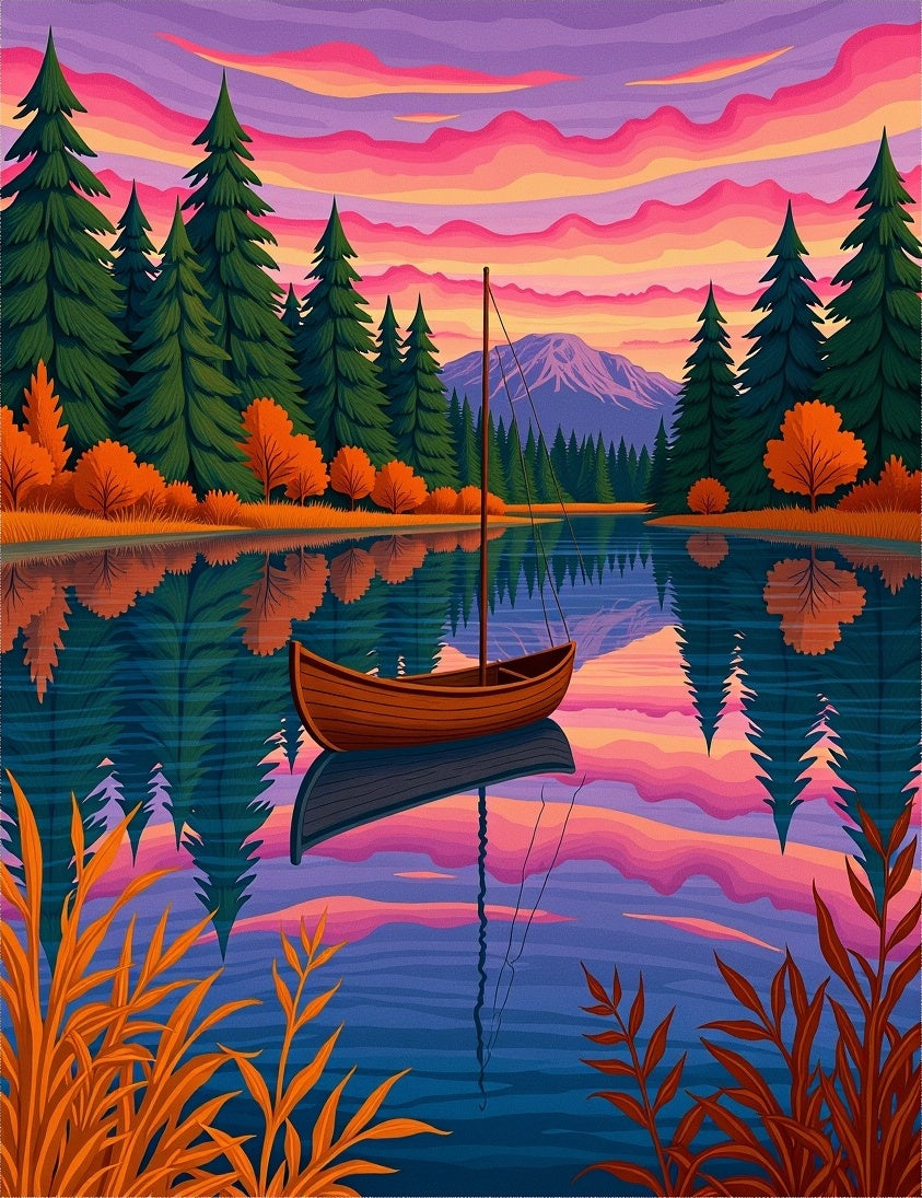 Serene Lake Boat Sunset Forest Reflection Rug