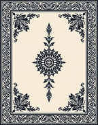 Black Floral Medallion Ivory Border Rug