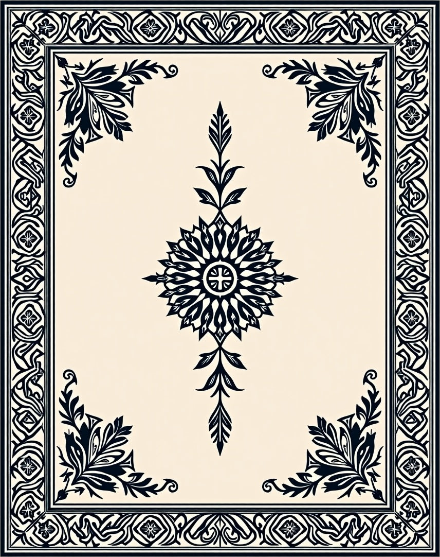 Black Floral Medallion Ivory Border Rug