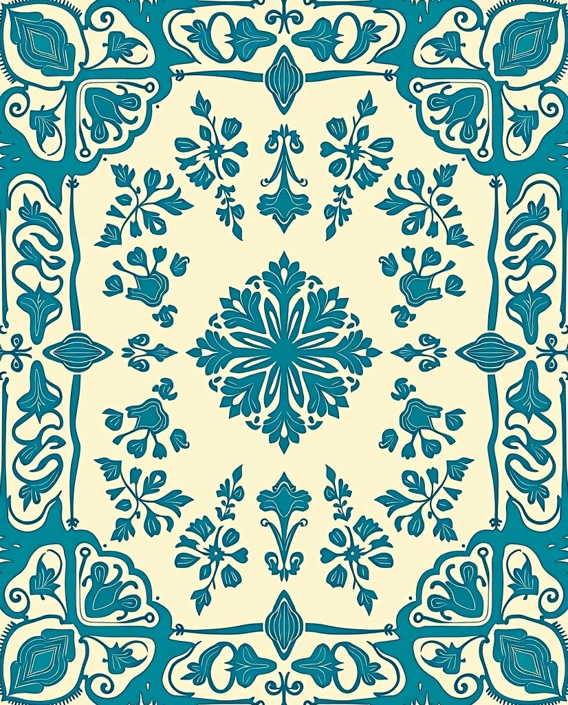 Teal Cream Scrollwork Floral Medallion Rug