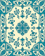 Teal Cream Scrollwork Floral Medallion Rug
