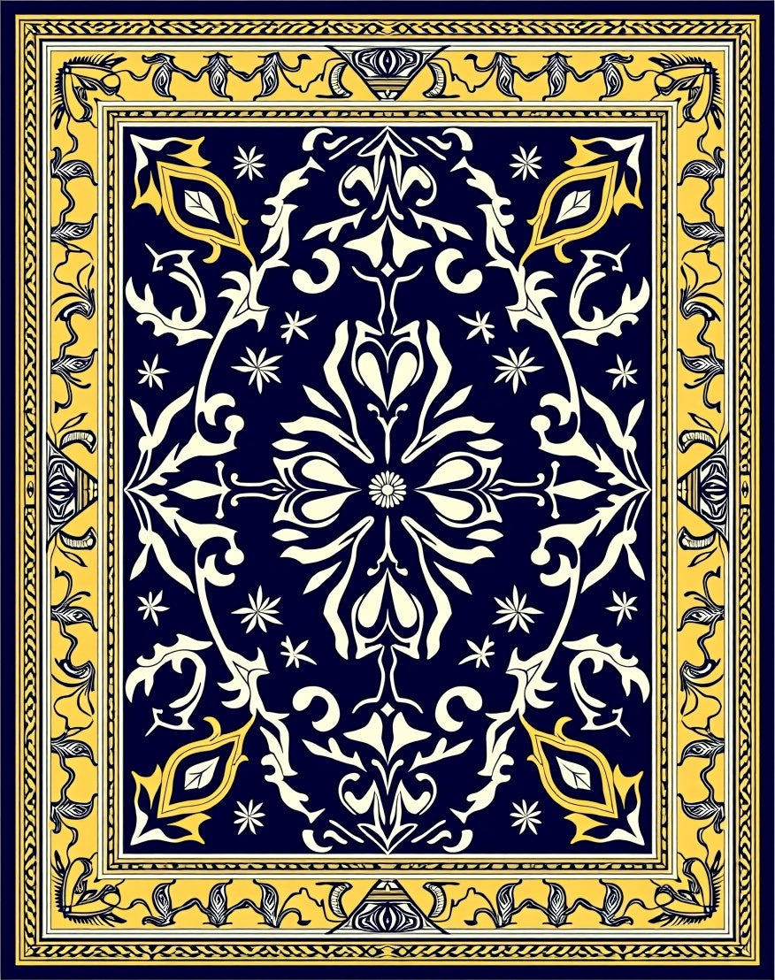 Ornate Navy Blue Golden Floral Rug