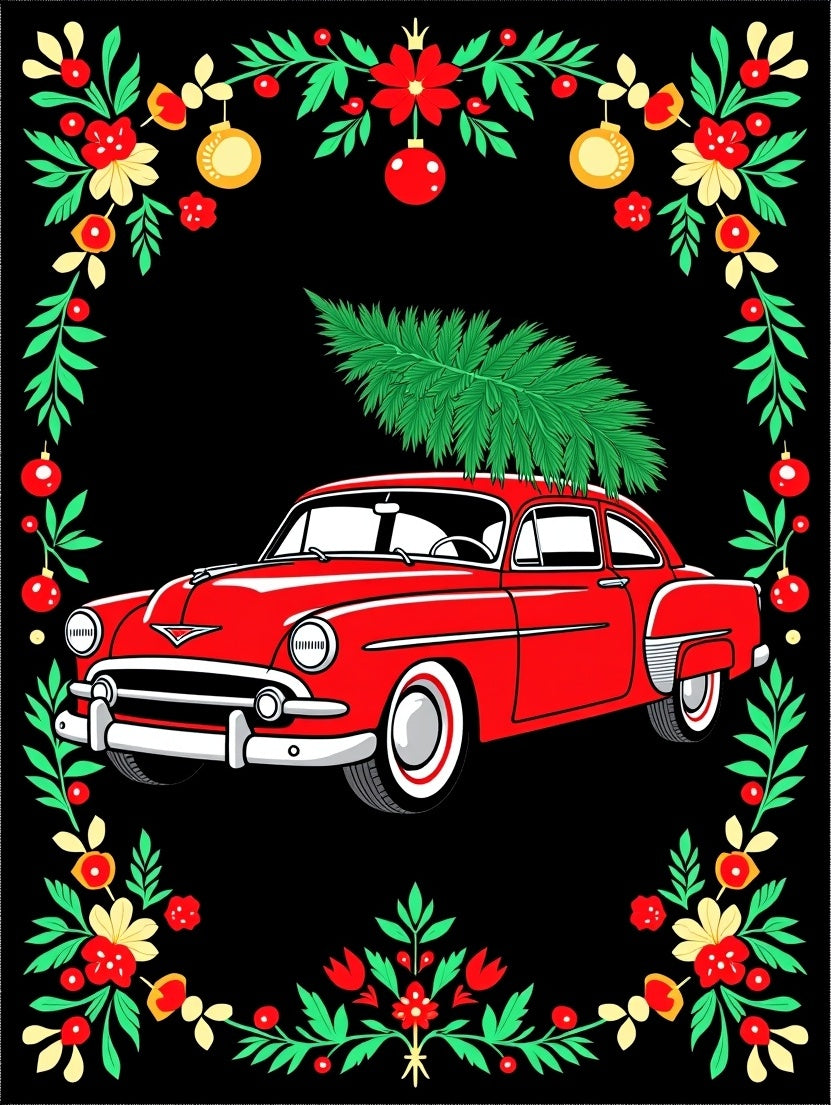 Red Vintage Car Christmas Tree Garland Rug