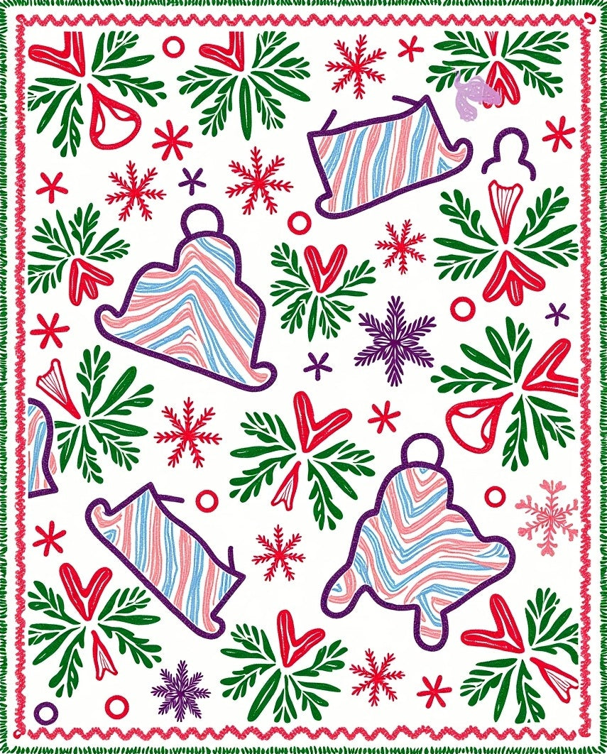 Festive Red Green Bell Snowflake Collage Rug