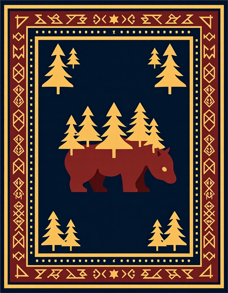 Barn Red Bear Forest Trees Rug