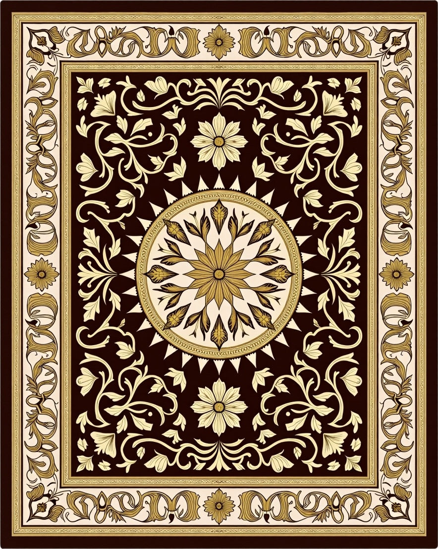 Dark Brown Gold Floral Medallion Courtly Rug