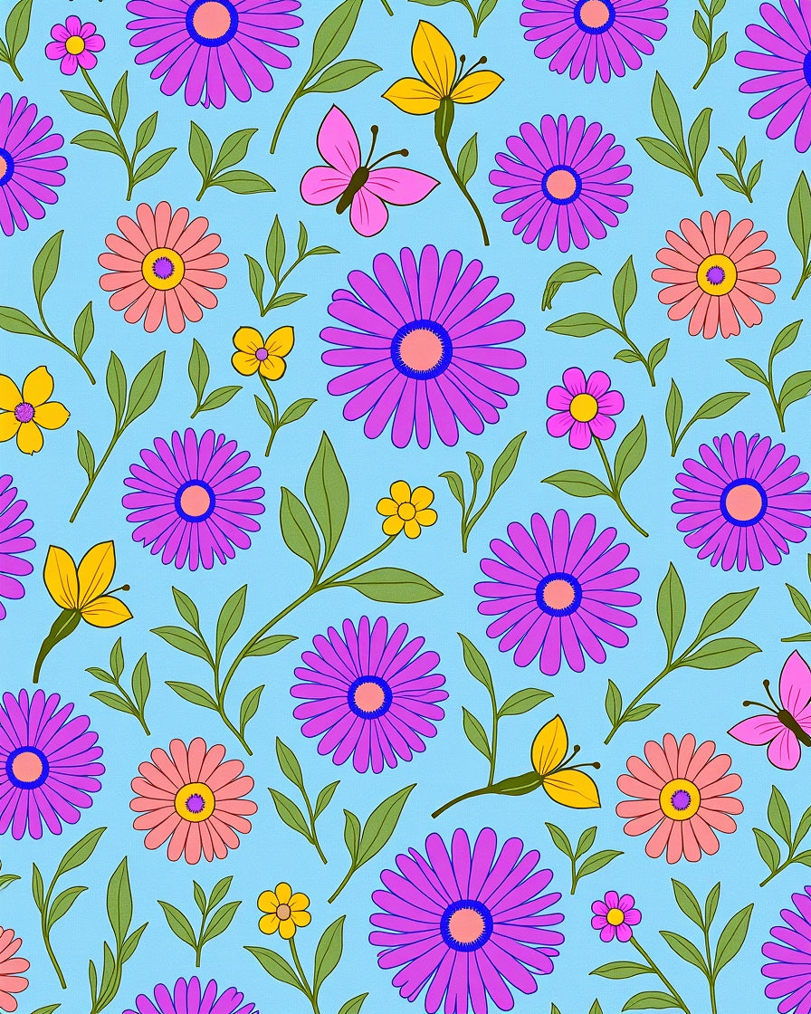 Retro Pink Yellow Purple Daisy Butterflies Rug