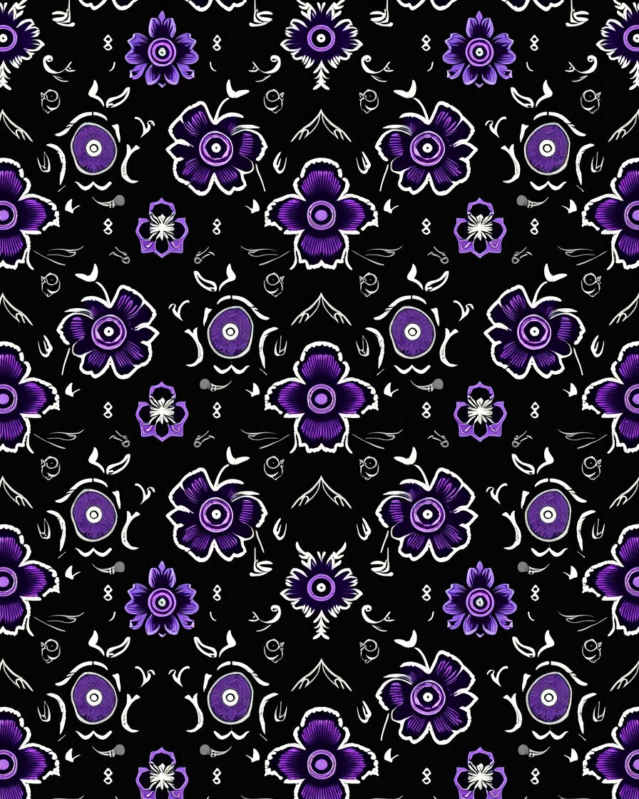 Vibrant Violet Floral Black Ground Rug