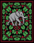 Gray Elephant Red Green Foliage Border Rug