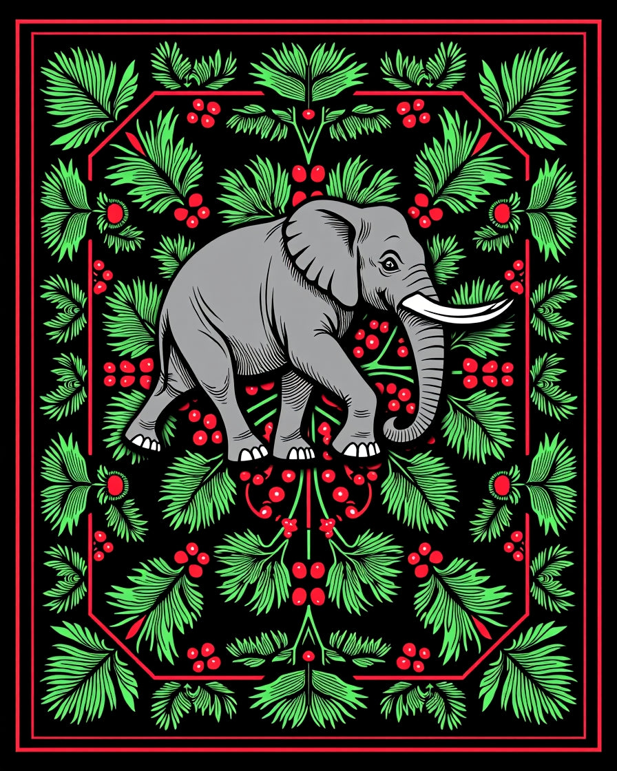 Gray Elephant Red Green Foliage Border Rug