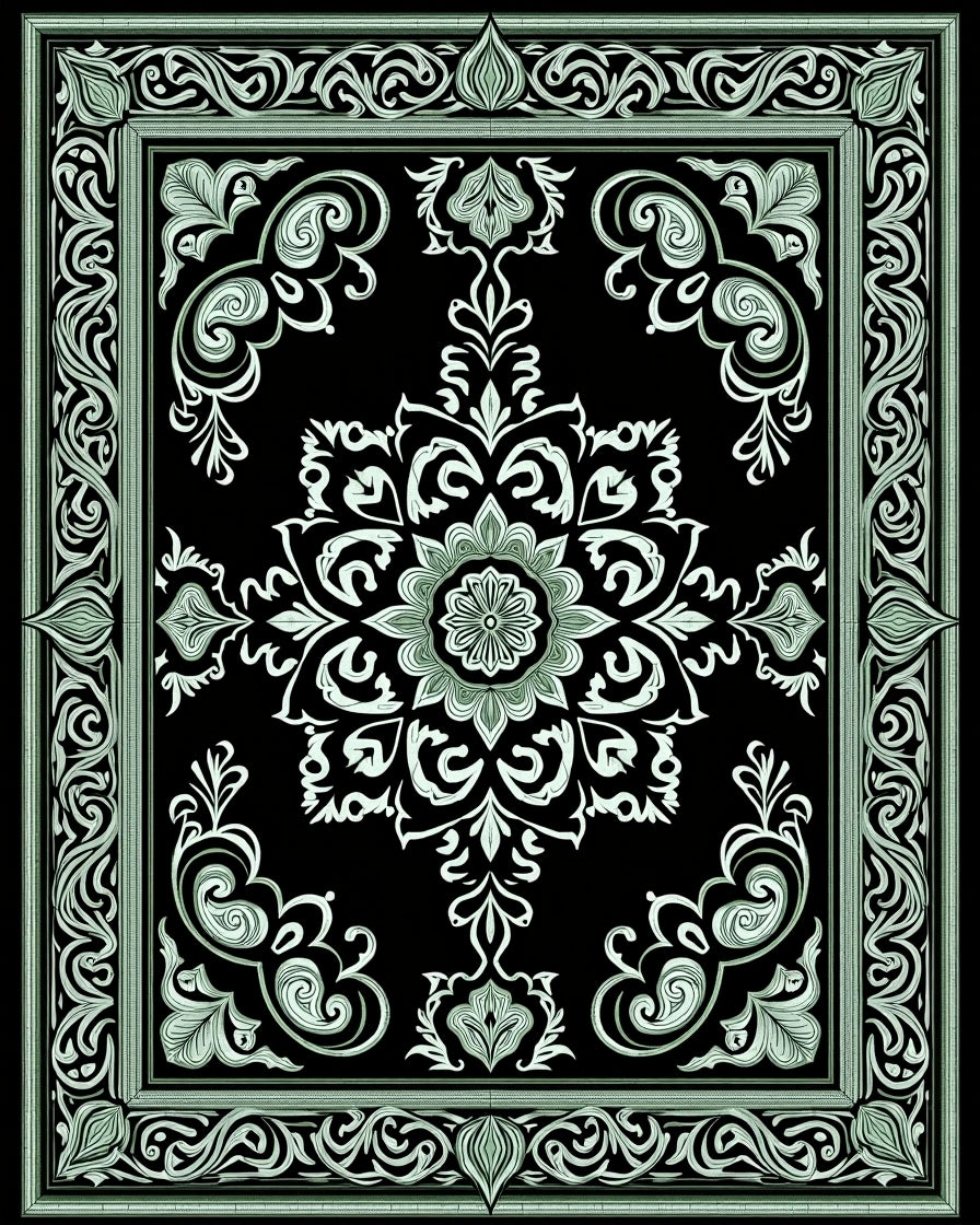 Black Mint Floral Medallion Frame Rug