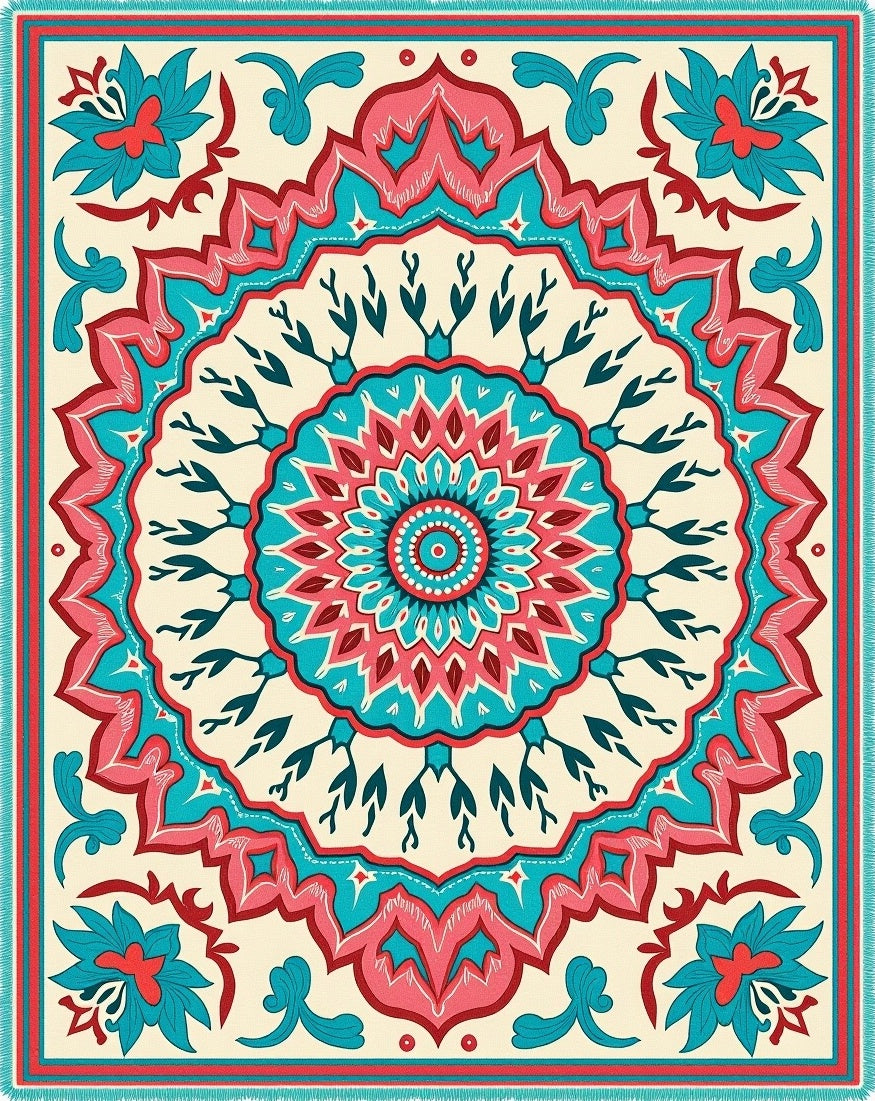 Radiant Coral Teal Floral Mandala Rug