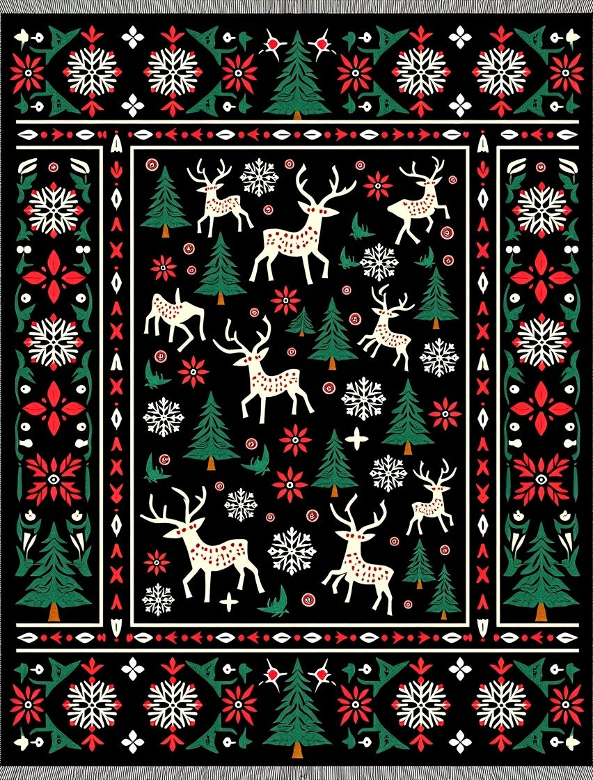 Cream Red Green Festive Reindeer Trees Rug