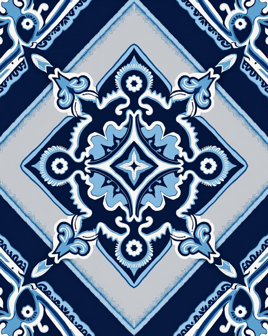 Deep Blue Floral Medallion Tile Rug