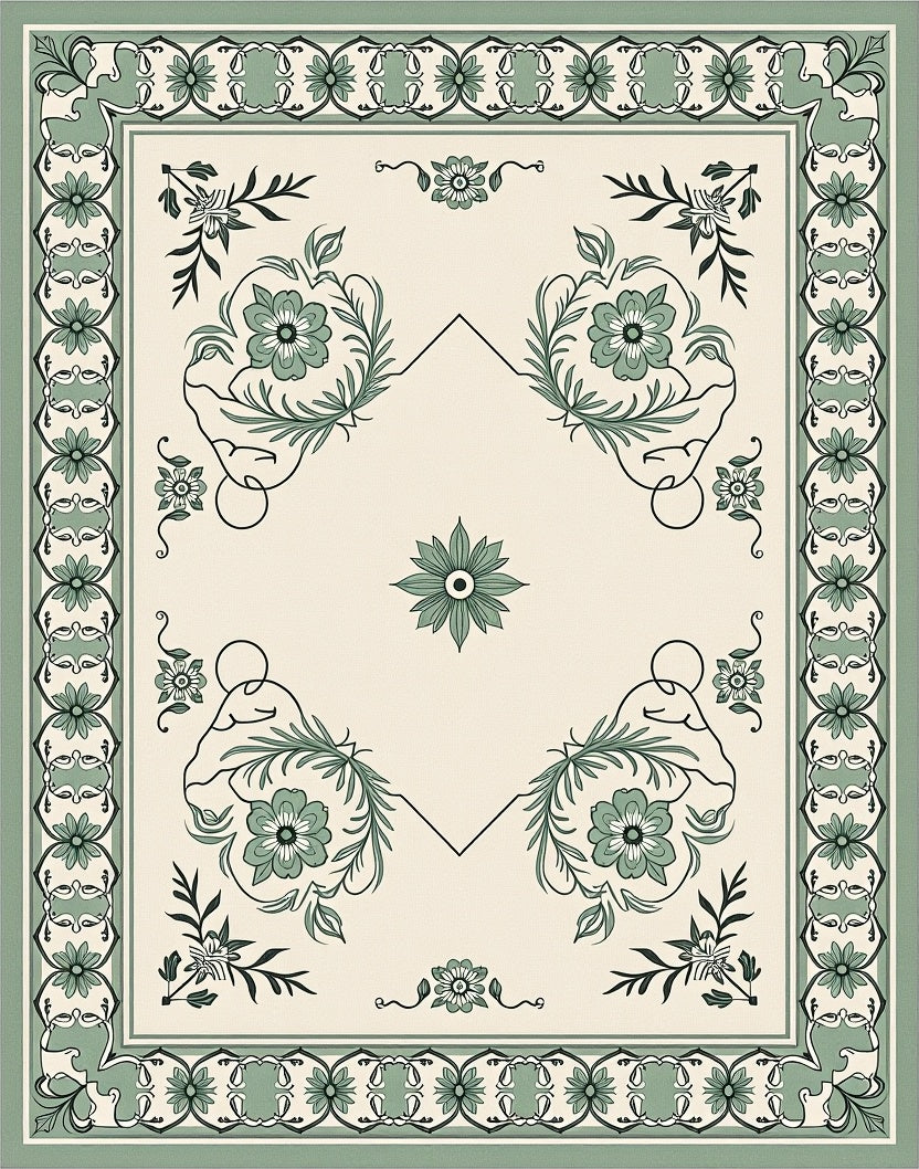 Sage Green Floral Medallion Border Rug