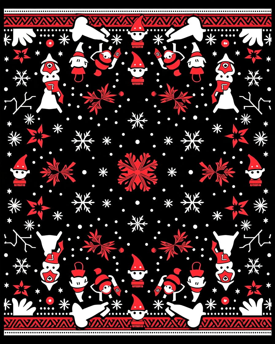 Red White Black Whimsical Elves Snowflakes Rug