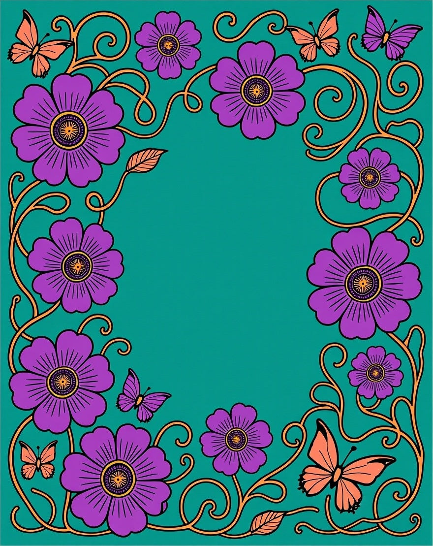 Vibrant Purple Floral Butterfly Border Rug