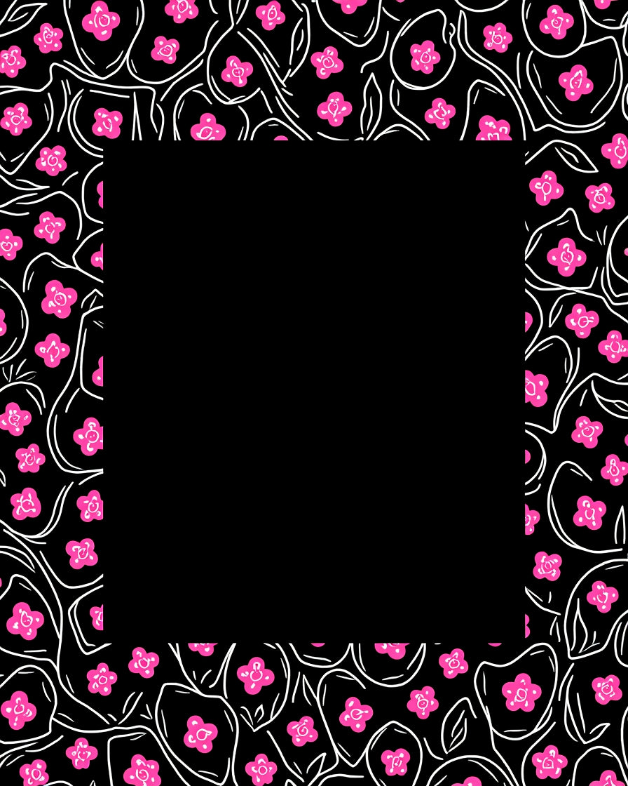 Bright Pink Blooming Flowers Black Border Rug