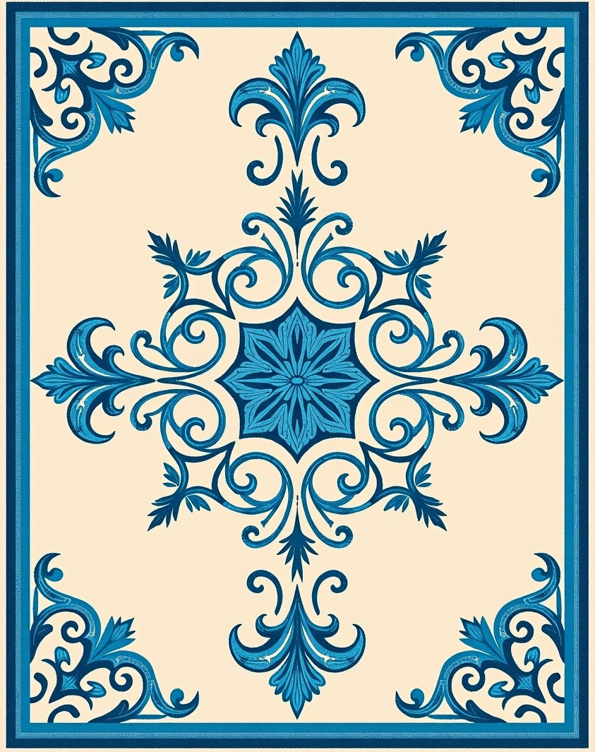 Ornate Azure Scrollwork Symmetry Rug