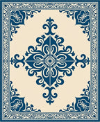 Ornate Blue Flourish Symmetrical Arrangement Rug