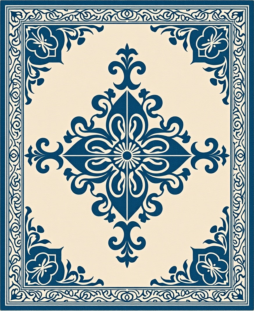 Ornate Blue Flourish Symmetrical Arrangement Rug