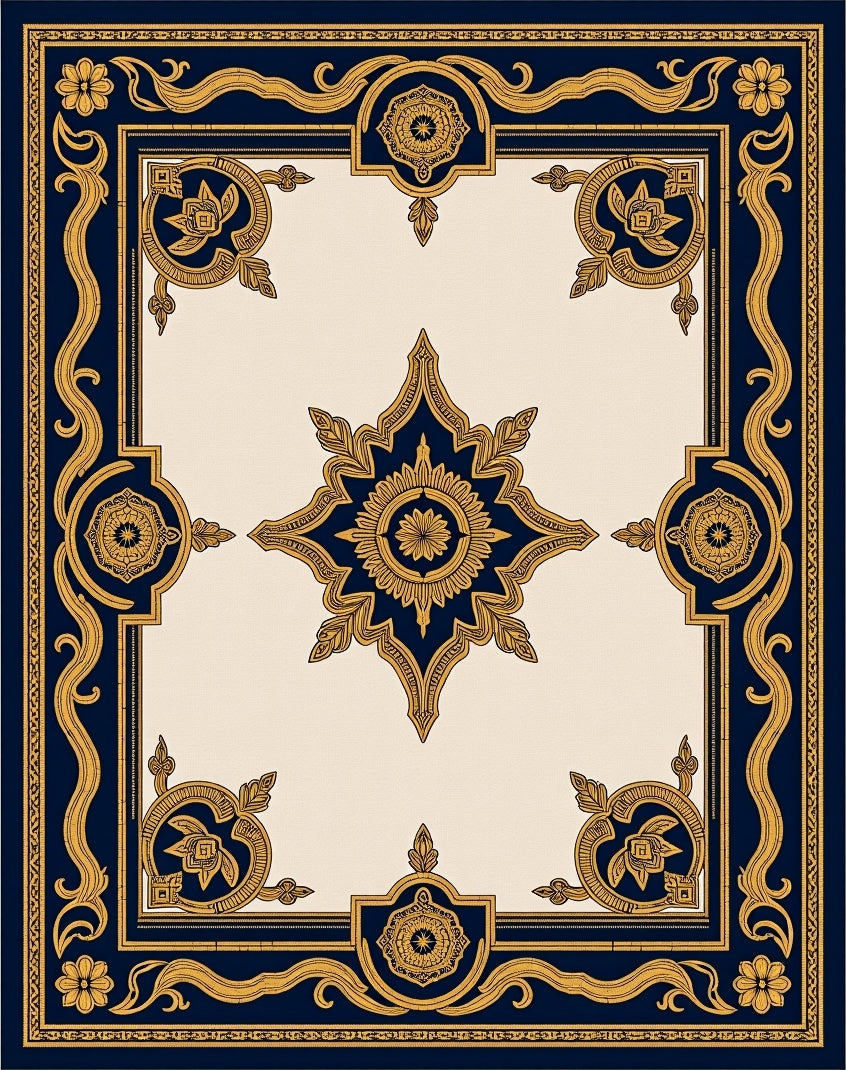 Navy Gold Ornate Medallion Scroll Rug