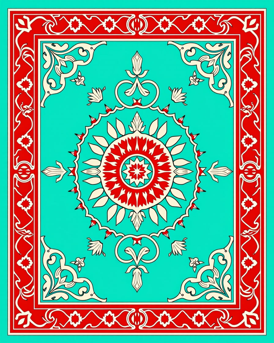 Turquoise Red Floral Medallion Border Rug