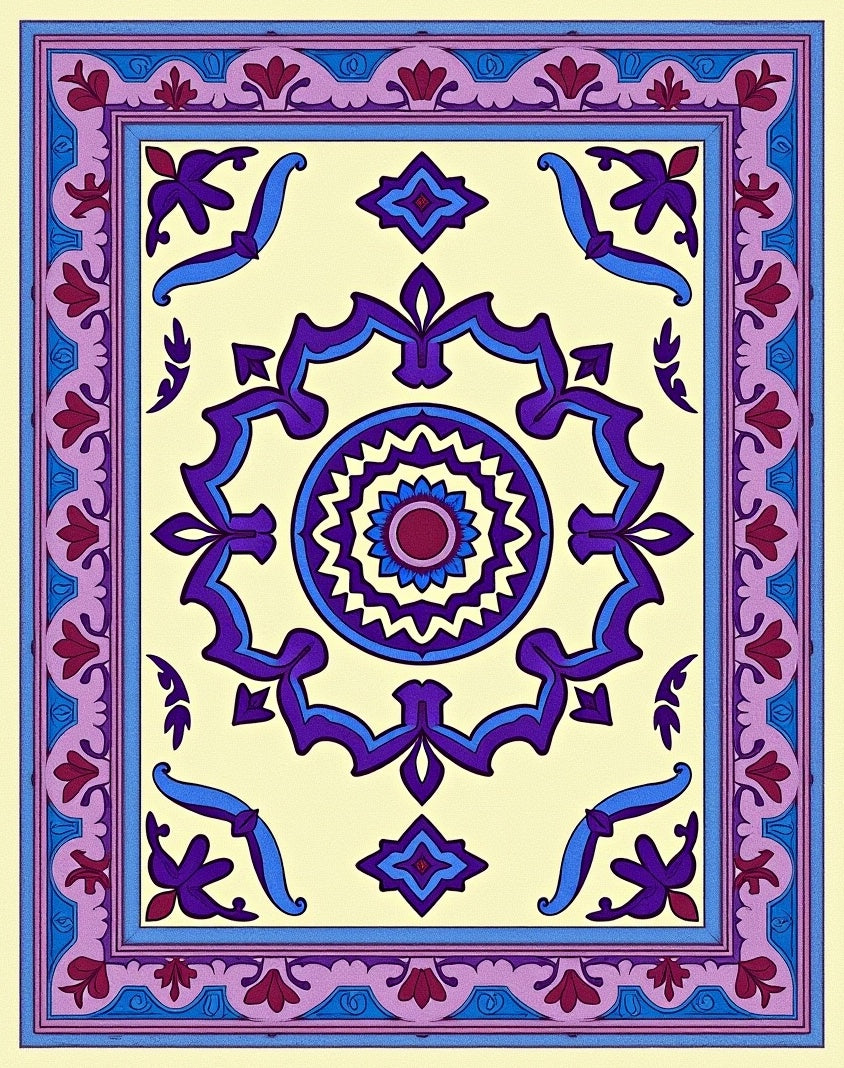 Cream Purple Blue Floral Medallion Rug