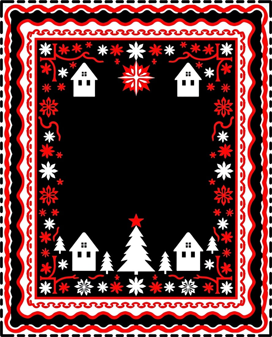 Red White Snowy Village Border Rug