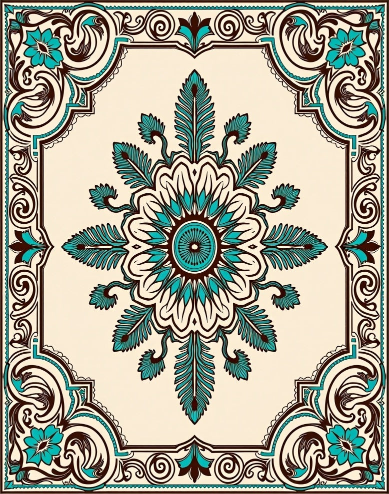 Turquoise Brown Floral Medallion Border Rug