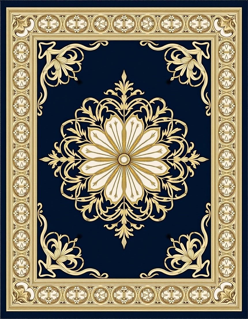 Grand Navy Gold Floral Medallion Traditional Rug