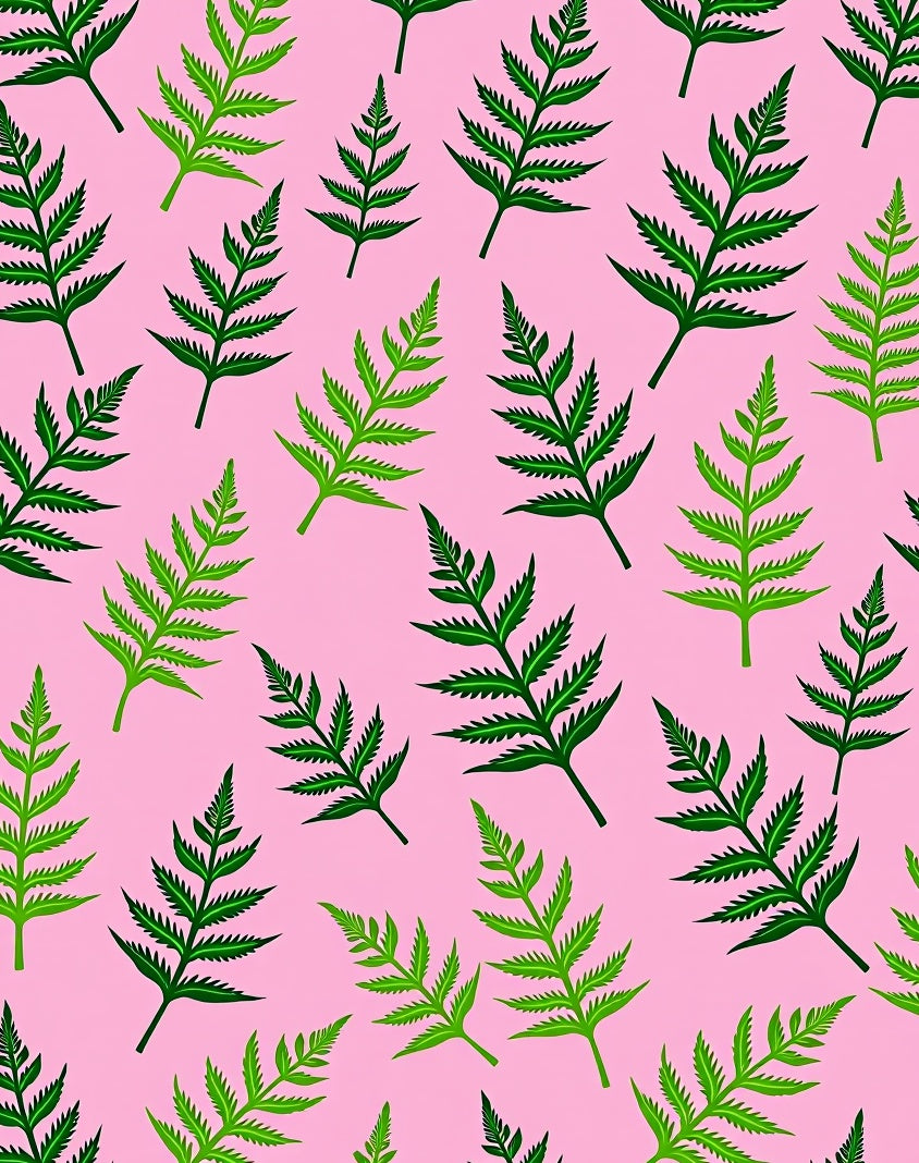 Green Fern Leaves on Pink Background Rug
